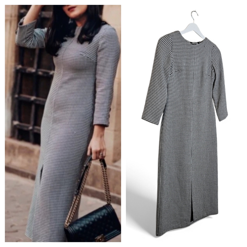 Zara TRF Houndstooth Knit Midi Dress XS Slit Fitted Chic Office Quiet Luxury